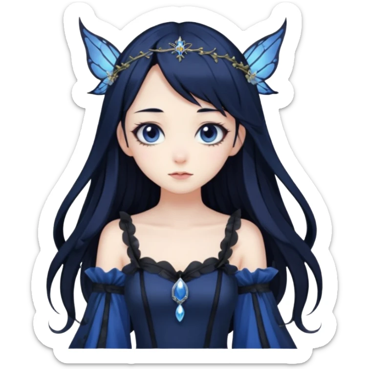 Gothic anime fairy with long beautiful black hair and dark blue dress, pastelcore, sticker