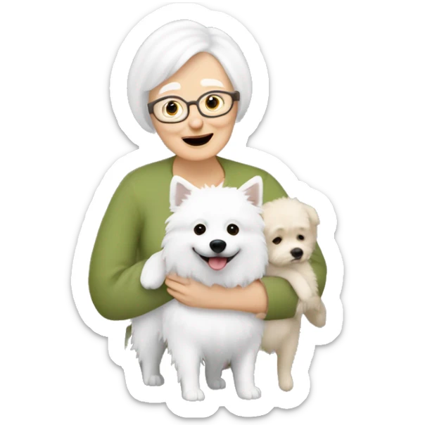 grandma with blonde short hair hugs a white spitz dog sticker