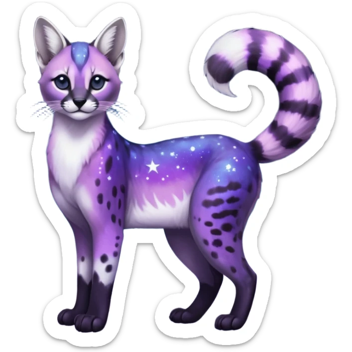 Colorful black-violet-indigo-purple-gradients nebulae nebula starry galactical shiny white-stars-spotted glorious iridescent divine exotic cute cool beautiful realistic caracal-civet-genet-vernid-Cacomistle-Trico-oncilla-animal-Fakémon-hybrid-fursona (full body) sticker