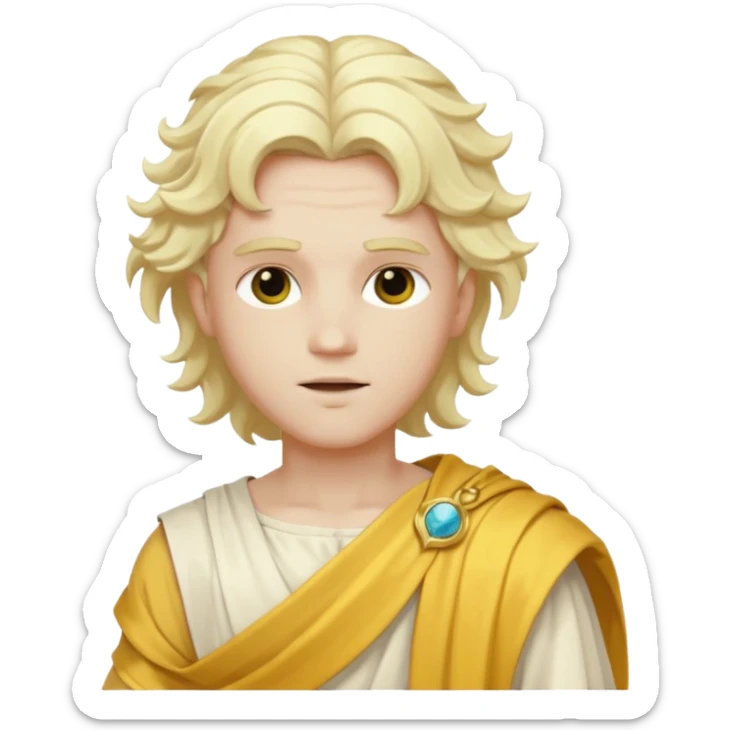 Apollo from Olympus Gods with long white blonde wavy hair, yellow toga sticker