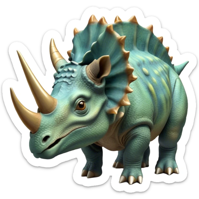 Beautiful and Majestic Triceratops Portrait Emoji, Head and body rendered in serene repose with a gentle, content smile, showcasing a robust, horned form with an intricately frilled head and eyes softly closed in tranquil repose, Simplified yet exquisitely endearing features, highly detailed, glowing with a soft, drowsy prehistoric light, high shine, relaxed and utterly majestic, stylized with an air of ancient splendor, soft glowing outline, capturing the essence of a beautiful and majestic Triceratops that embodies the timeless strength of the ancient world! sticker