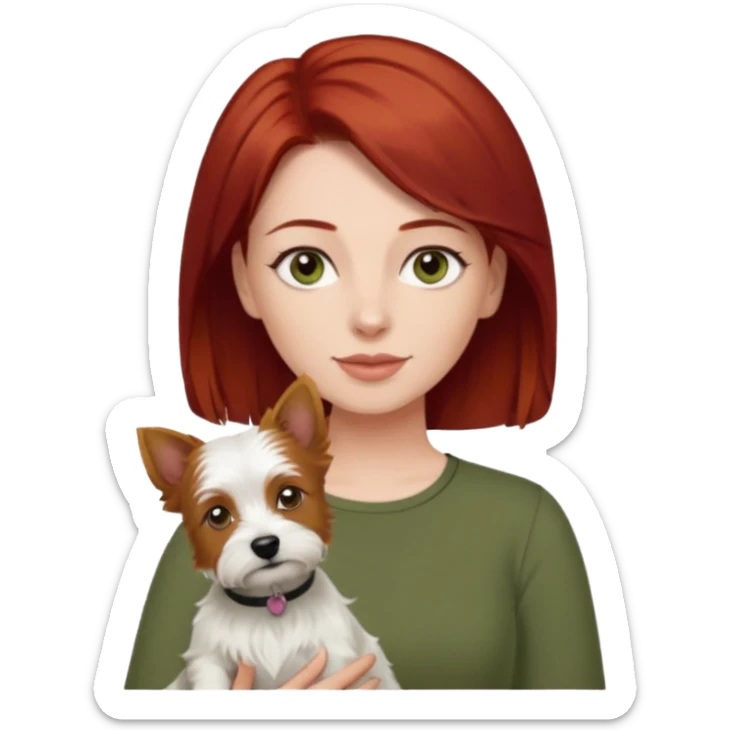 Westie dog being held by woman with dark shoulder length red hair and hazel eye wearing olive green top sticker