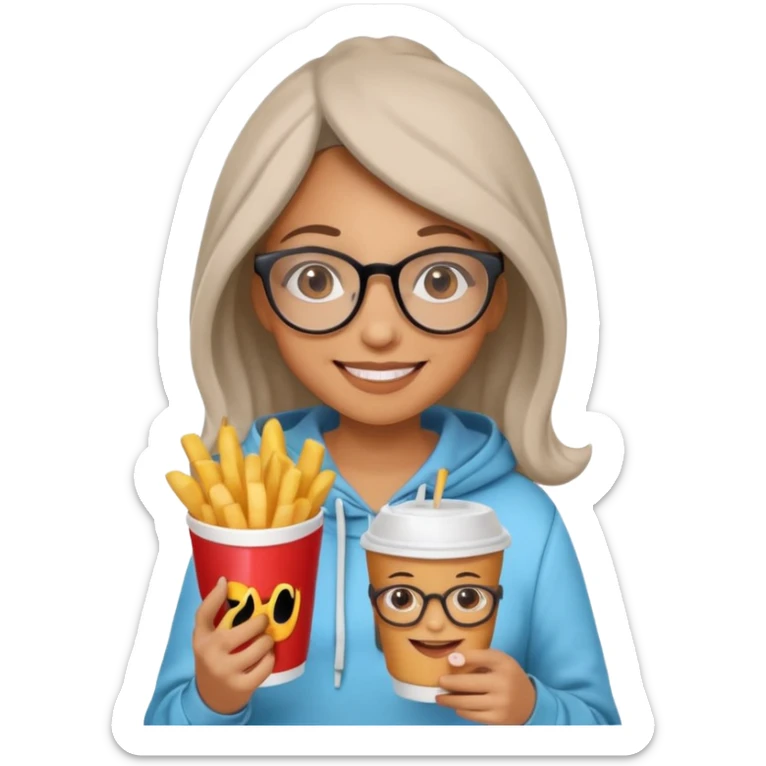 Woman with Glasses & Fries – cheerful woman in hoodie, holding paper cup of fries.





































 sticker