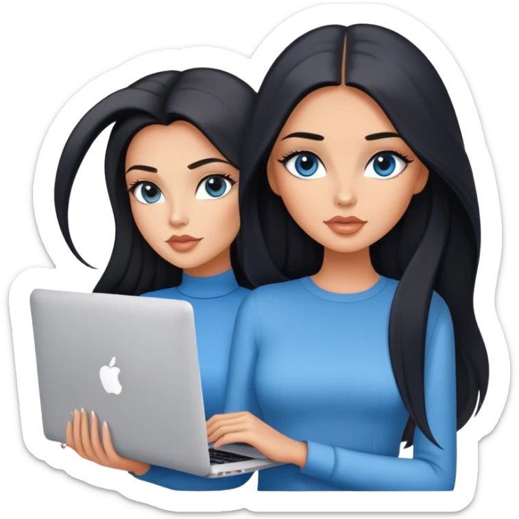 Glamours tanned very beautiful girl with pump peach nude lips and black straight smooth long hair, blue-grey eyes in beautiful clothing stading with MacBook sticker