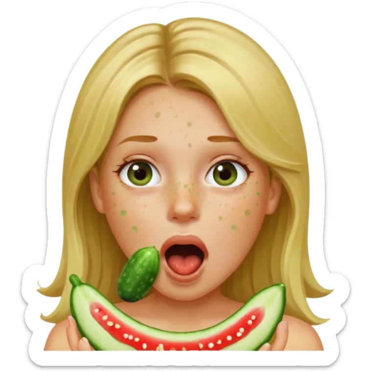 Girl mouth open. Cucumber in her mouth dirty blonde hair sticker
