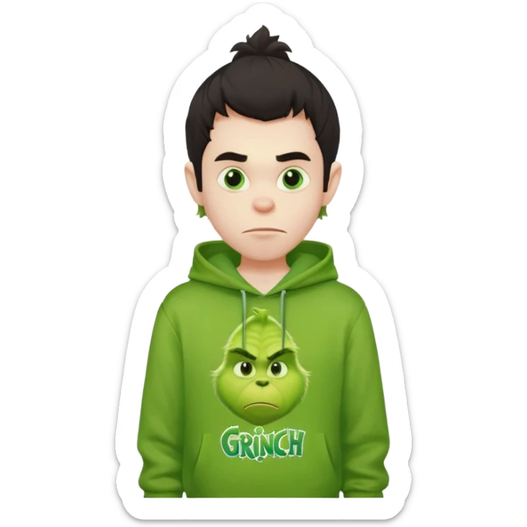 Create an avatar of white European with dark hair  male in hoodie with ``BST`` letters on it. Make background to look like from movie Grinch sticker