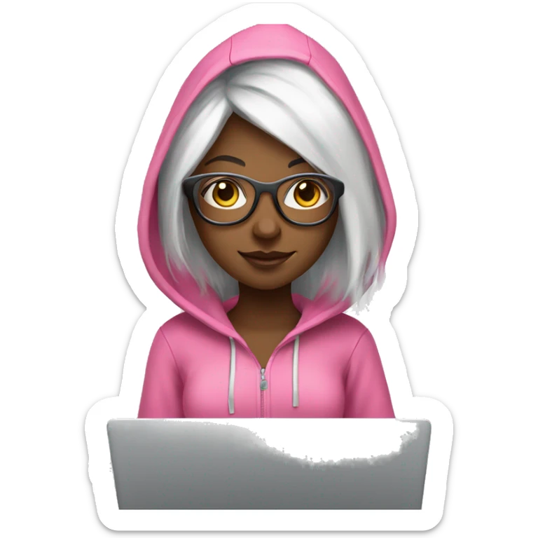 tech girl with white hair and pink hoodie with clear glasses with laptop sticker