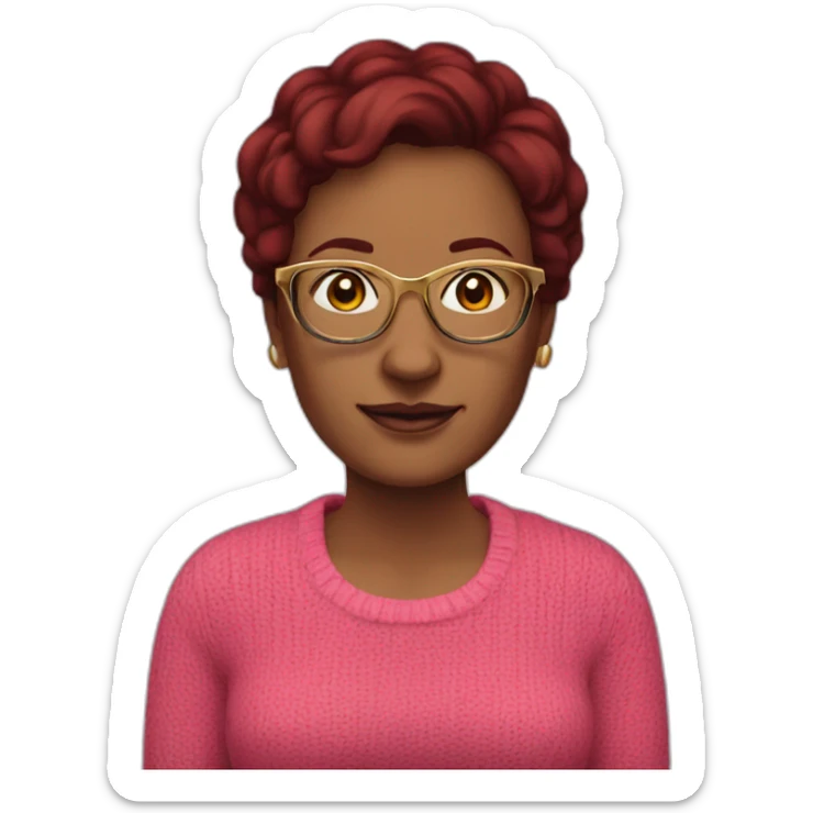 45-year-old Dutch woman with dark red colored short hair, pink sweater and gold glasses sticker