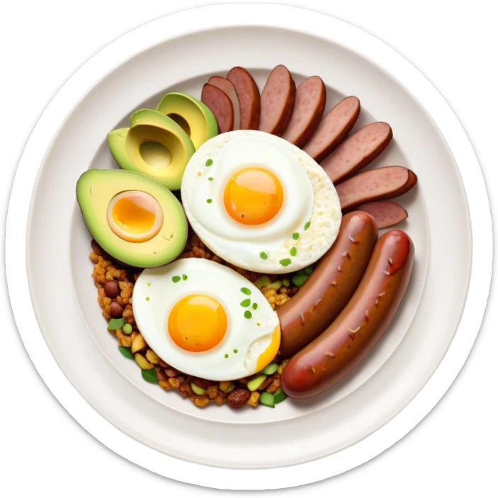 Bandeja Paisa Cinematic Realistic Bandeja Paisa Dish Emoji, depicted as a hearty platter featuring rice, beans, avocado slices, one sausage, a perfectly cooked egg, and crispy pork crackle, rendered with vivid textures and robust, inviting lighting. sticker