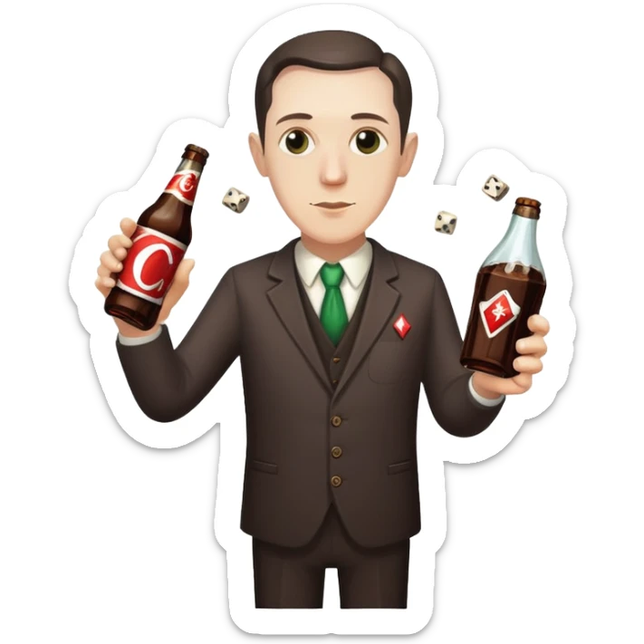 writer Lovecraft holding a bottle of cola and throwing dice, emoji style sticker
