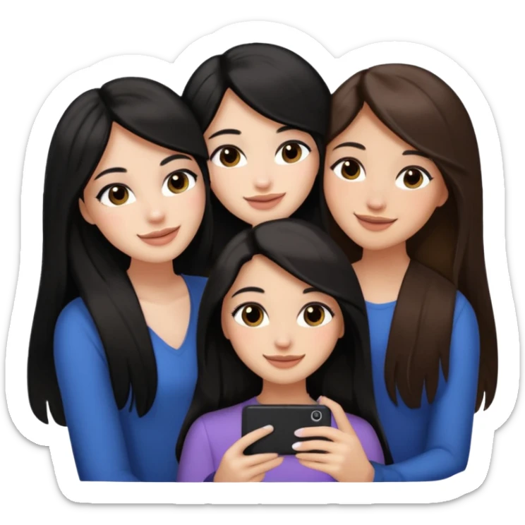 3 girl friends, one with black long hair light skin. one with brown hair long and the last girl one with black with brown medium length hair. Glammed up and hugging  and one talking a selfie and all of them smiling and looking girly all same skin tone  sticker