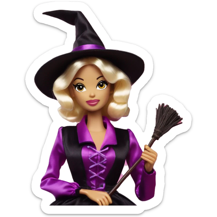photogenic silkstone Barbie witches enchanted TV series floating gently on broomsticks sticker