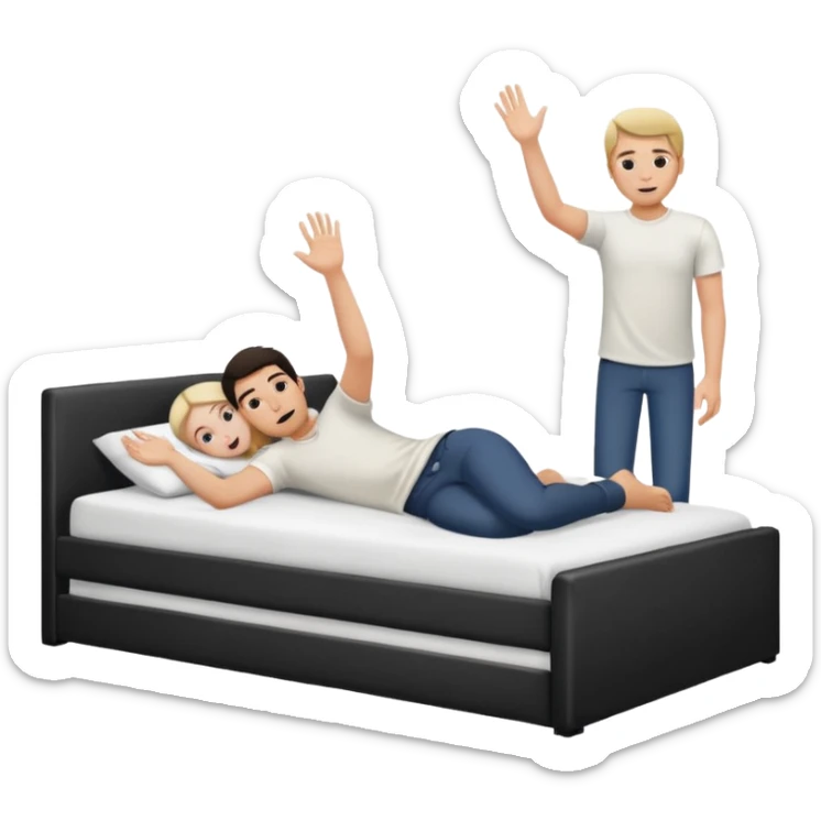 A bed with a girl laying down south and a man putting his hand up. sticker