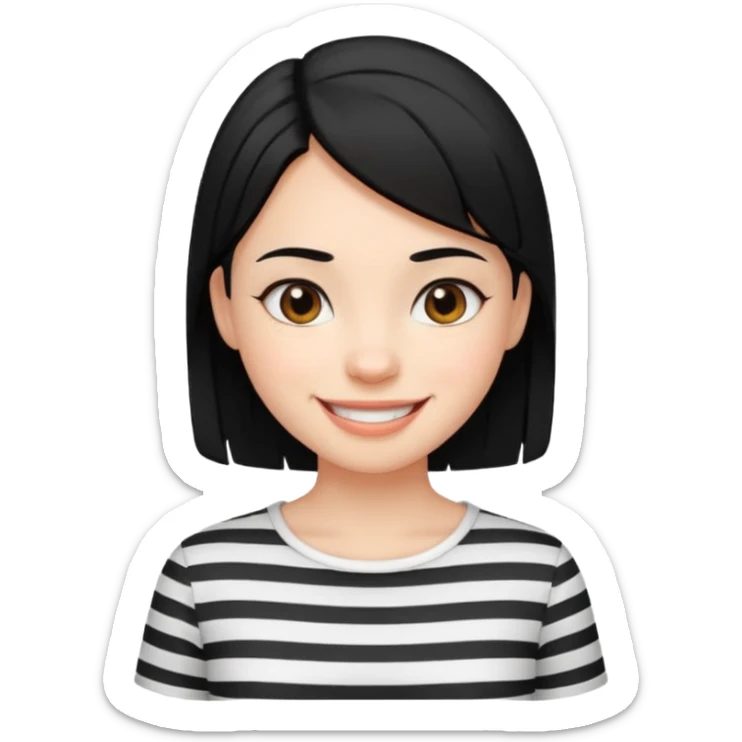Black-haired girl, short to the neck, wearing white shirt with black stripes, happy sticker