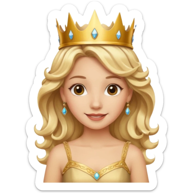 Cheerful blonde latin princess with wavy hair and light gold dress, wearing crown sticker