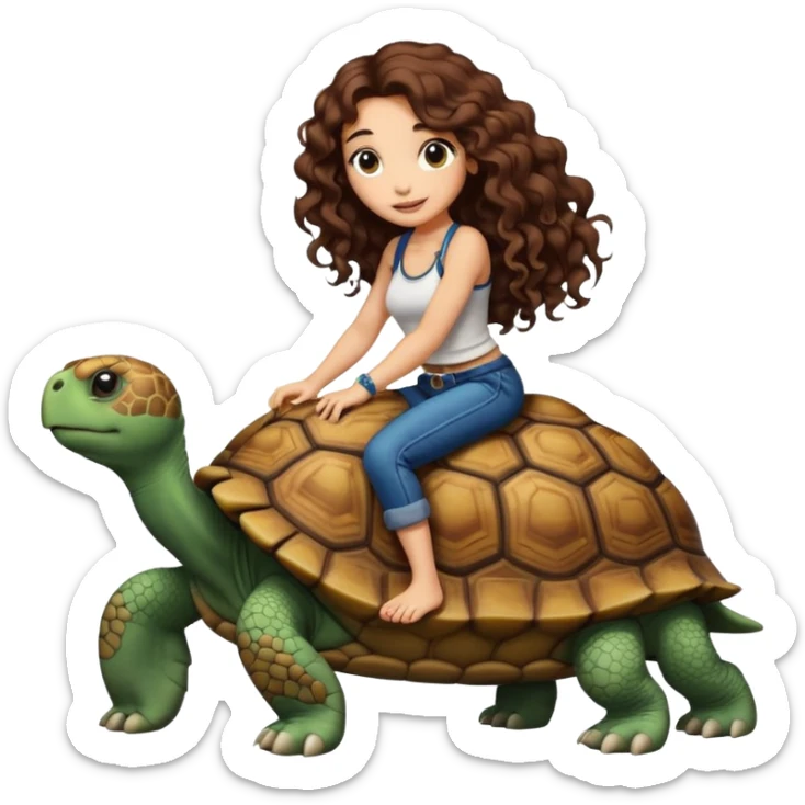 ccute woman long curly brown hair tattoos riding big tortoise sticker