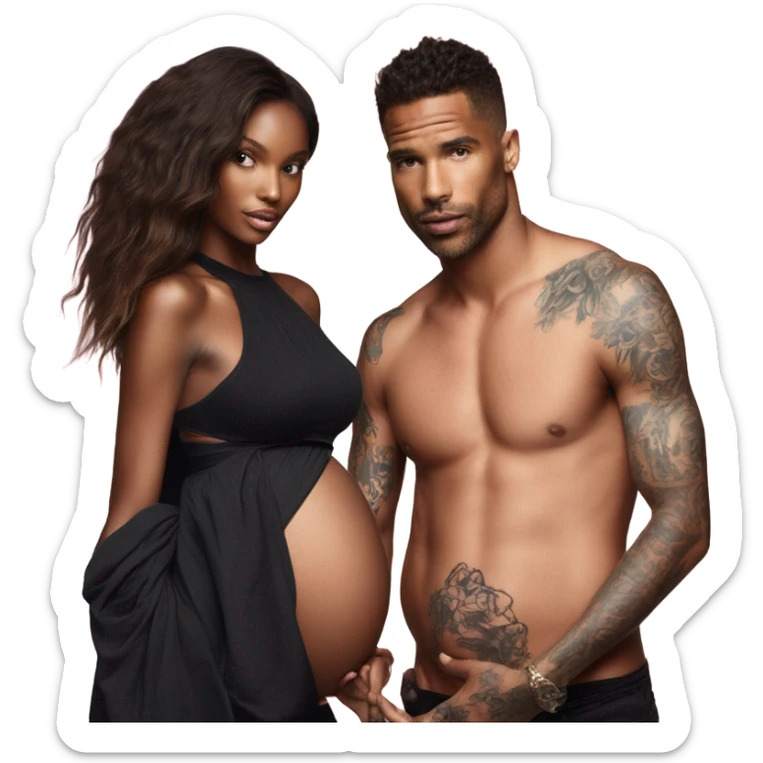 Photo of a Victoria secret model pregnant Standing next to a tattooed male model  sticker