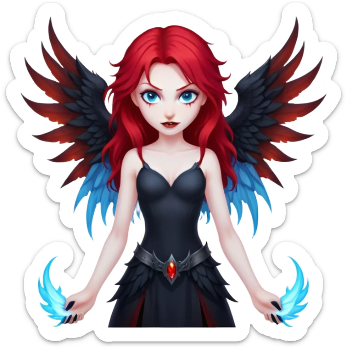 extremely diabolical girl with giant towering wings, blood red hair, glowing blue eyes, black hellfire aura, no horns, evil grin sticker