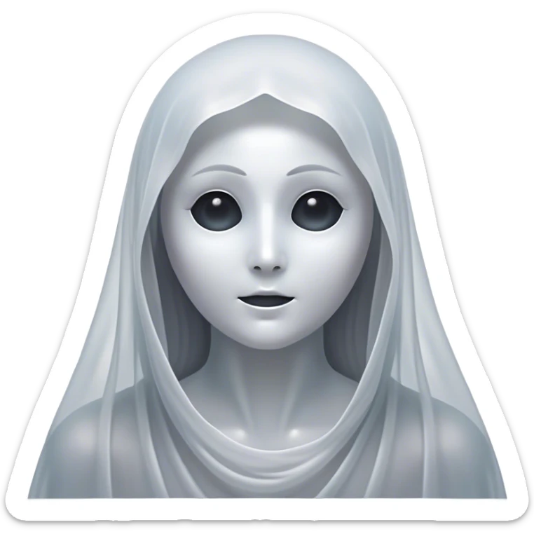 Cinematic Noble Ghost Portrait Emoji, Ethereal and dignified, with a flowing, translucent form in silvery-white hues, wispy and majestic, and a calm, otherworldly expression with deep, thoughtful eyes, simplified yet sophisticated features, highly detailed, glowing with a soft, spectral radiance, high shine, exuding regal mystery and quiet authority, with a soft glowing outline that captures the essence of a ghostly guardian drifting from another realm! sticker