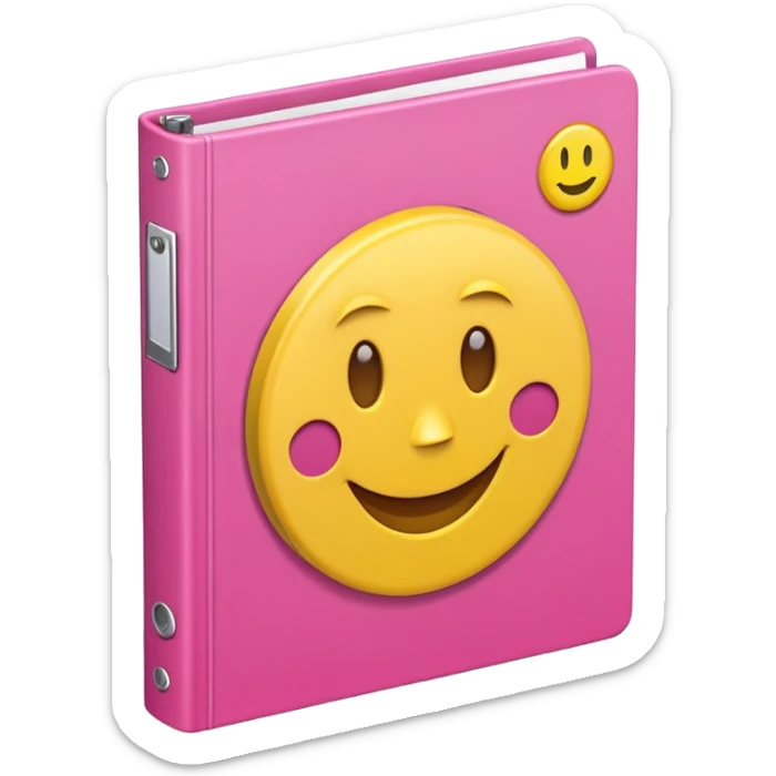 libreta de anillos rosada en perspectiva isometrica con sticker de carita feliz amarilla, con aspecto de emoji de apple sticker