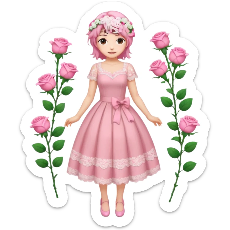 pastel anime woman with pink and white lace dress full body and roses in hair sticker