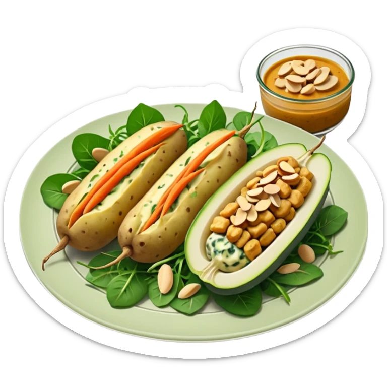 Potatoes stuffed with a filling of cashews, tofu, chives and almonds baked with a cheesy peanut-spinach sauce and smoked tempeh + a salad of fennel-marinated zucchini and carrots served with pickled cucumber and arugula.  sticker
