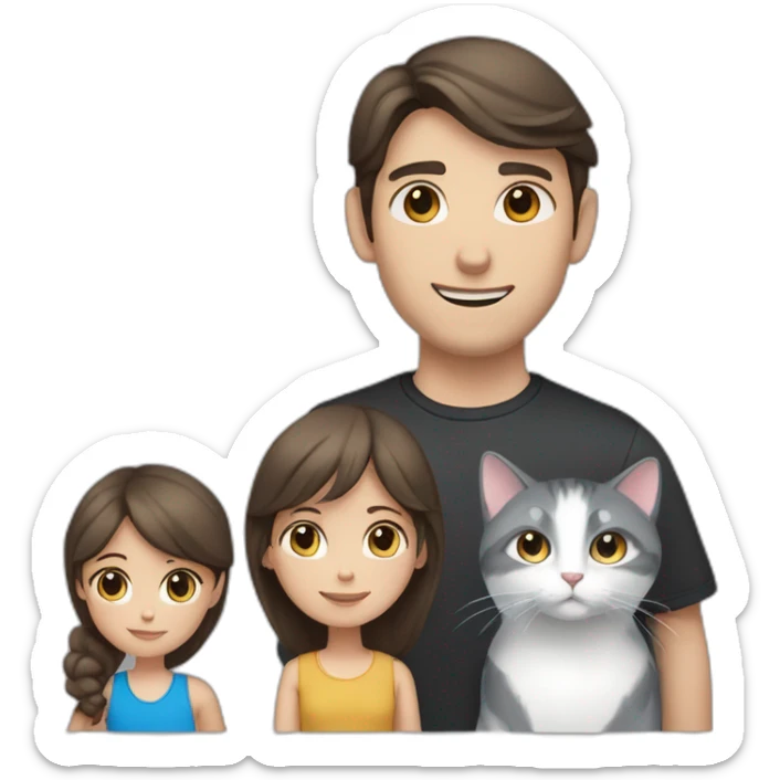 a family of a white man with dark hair and brown eyes, a girl with light brown hair and blue eyes, two gray and black-and-white cats sticker