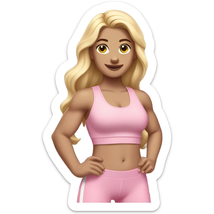 White woman, light skin, long hair, blonde hair, wavy hair, baby pink sports bra, baby pink leggings, flexing one arm sticker