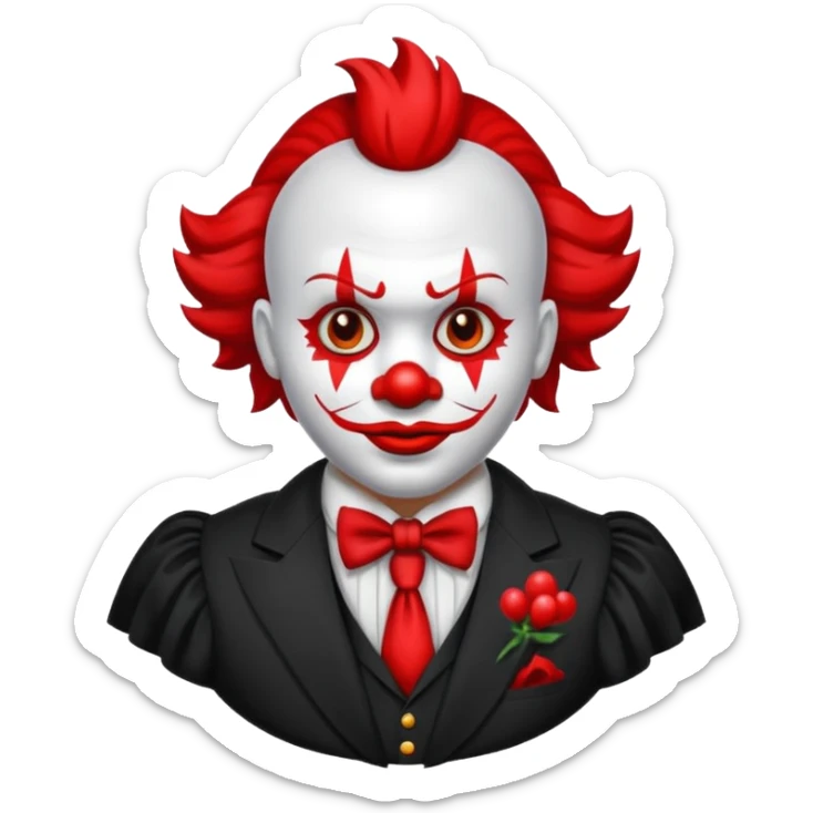 Crea un payaso con cara blanca sin pelo con cuernos negros y un traje rojo con negro sticker