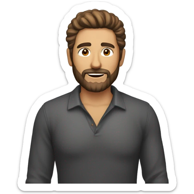 hombre de 40 años, piel clara, con barba, pelo castaño claro y ligeramente canoso. El corte de pelo es del tipo degradado sticker