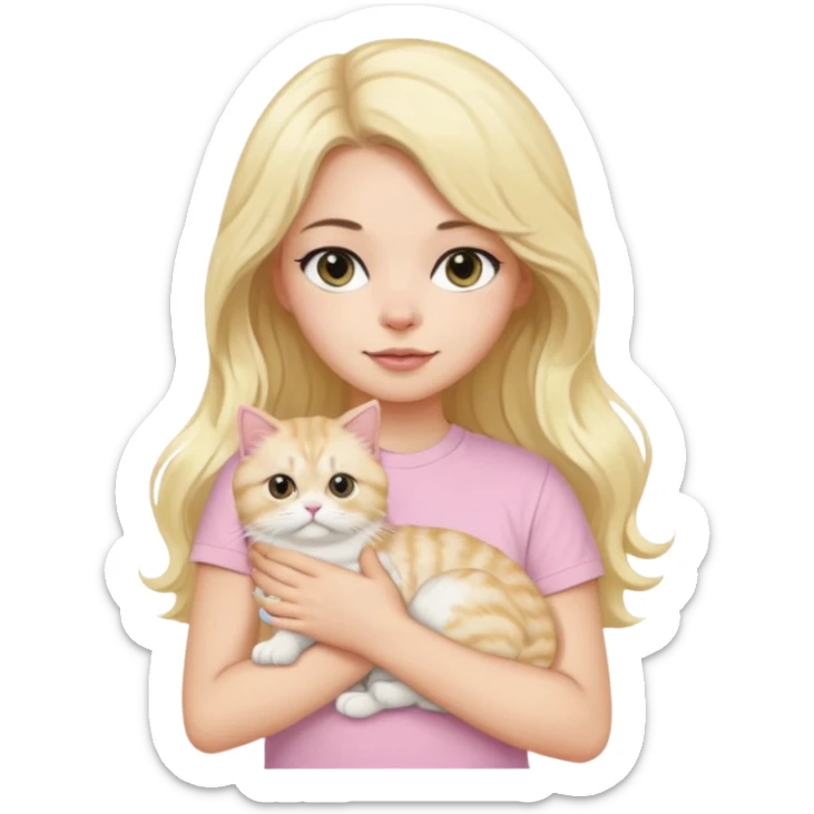 a black long wavy hair white girl using a baby pink t-shirt holding a blonde persian cat sticker