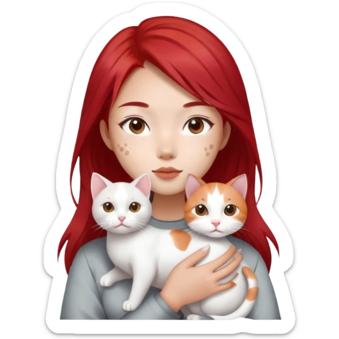 slay asian girl with red hair holding a white cat that has grey spots  sticker