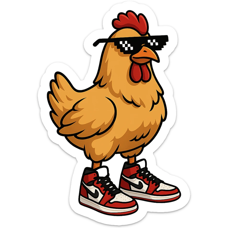 a chicken wearing Air Jordan 1 sneakers and 'deal with it' pixel sunglasses, cool and stylish, no background sticker