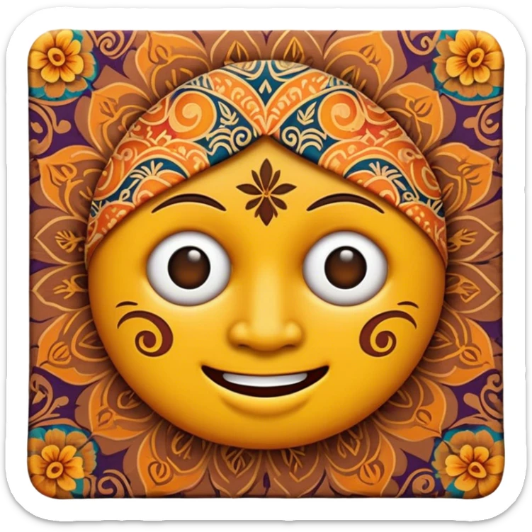 Cinematic Realistic Indonesian Batik Pop Culture Emoji, showcasing intricate, colorful batik patterns rendered with detailed textures and vibrant, cultural lighting. sticker