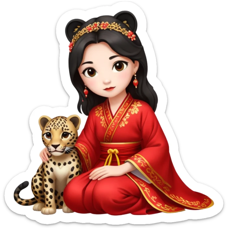 A beautiful girl in red Hanfu wedding dress sits on the ground holding a black leopard sticker