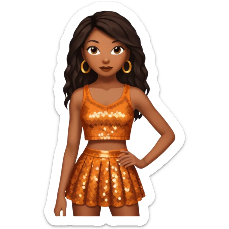 Brandy Norwood with dark brown long hair, burnt orange sequin crop top and skirt  sticker