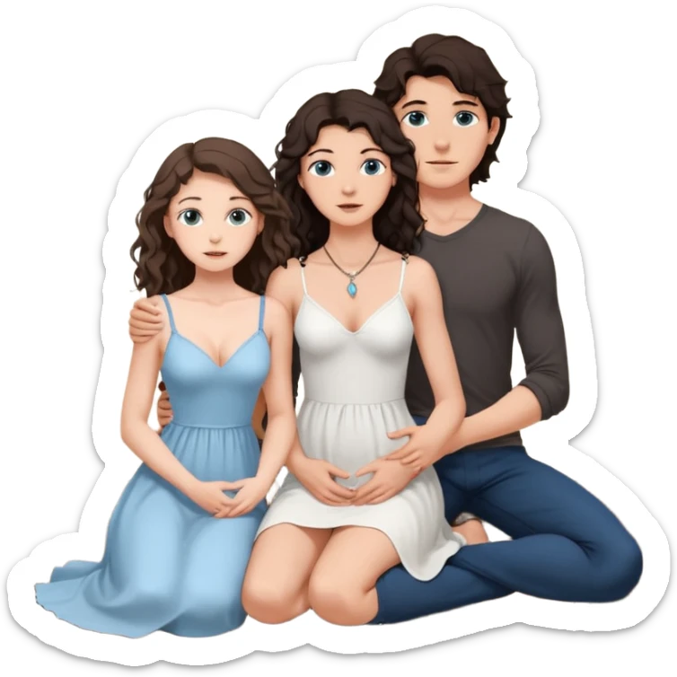 white girl, dark brown long slightly curly hair , skinni but with big breast , septum piercing on nose, beautiful dark gray-blue eyes, in white dress , boy dark brown eyes , light white skin , tall , skinny , light brown mid haircut ,  on his knee asking her to be hos wife sticker