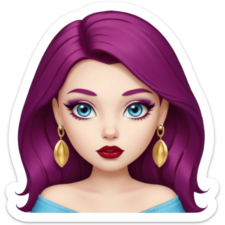 pale skin, girly bratz baddie, stunning baby blue eyes, professional makeup, long thick burgundy purple hair, plump red lips with a gold lip earring, who is an artist and content creator  sticker