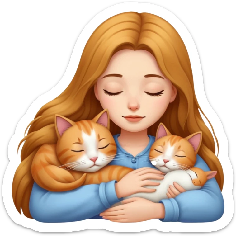 Generate a picture of a beautiful girl with long hair sleeping with a cat sticker