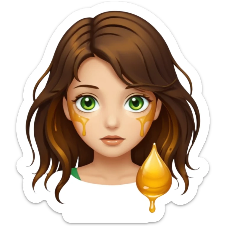 Pretty girl, with dark brown honey hair and green eyes and hair strands dripping honey sticker