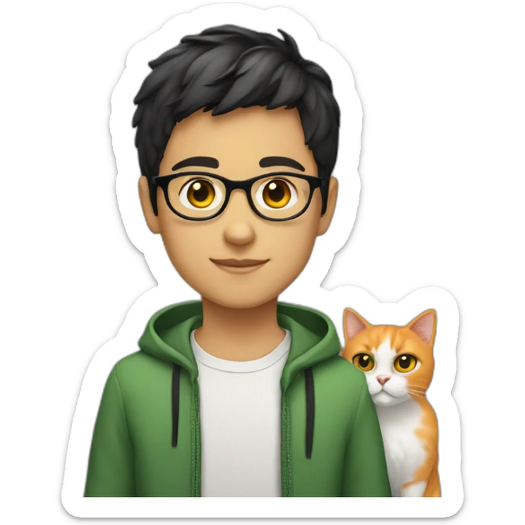 Boy green eyes, glasses, with black short hair, with orange Persian cat sticker