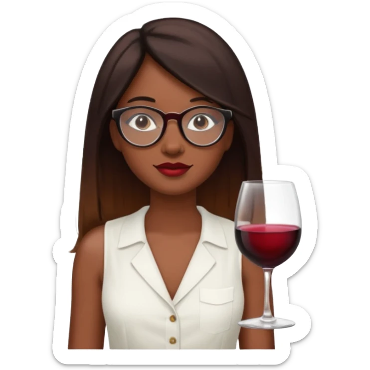 a woman with dark skin.
She has long, straight brown hair. with wine ombré hair 
He wears black-framed glasses. vintage oval.
She wears a white sleeveless blouse. sticker