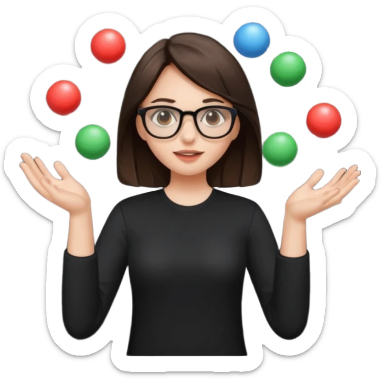 a brunette girl in a black shirt wearing glasses is  juggling  with two hands  sticker