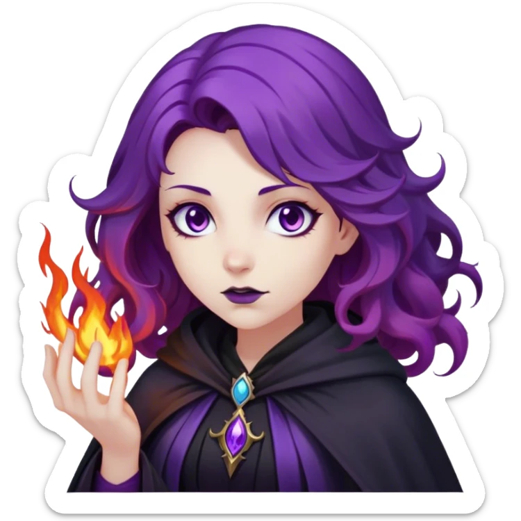 A dark sorceress with wavy purple hair, wearing a black cloak, summoning violet flames sticker
