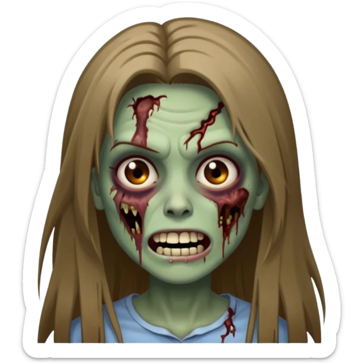 a zombie woman with straight brown long hair, a bruised mouth, and a smile  sticker