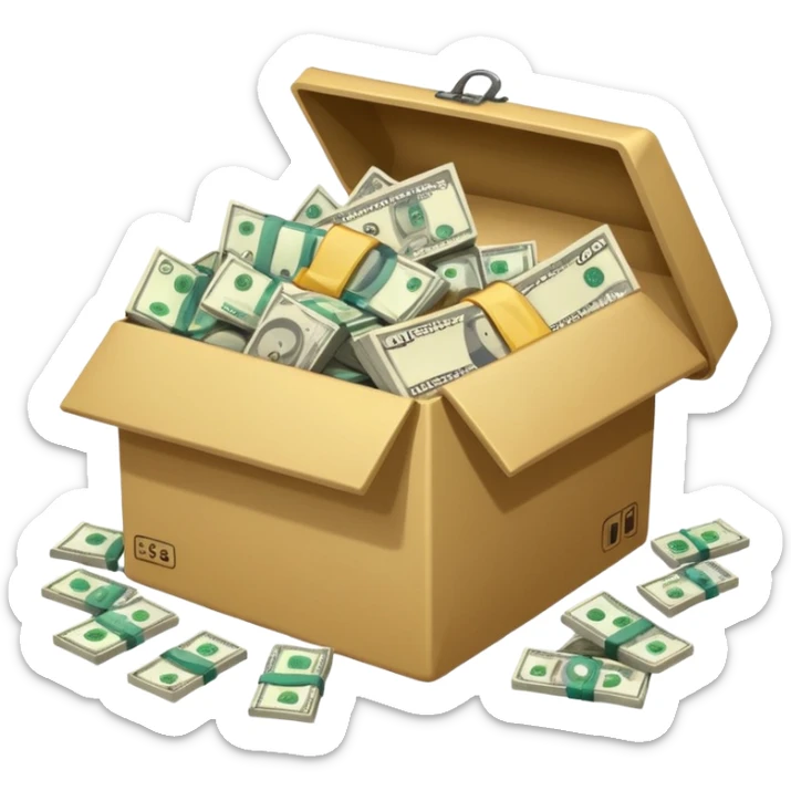 a bunch of preloved stuff in a box, with a small pile of cash notes on the side, indicating that this box is for sale sticker