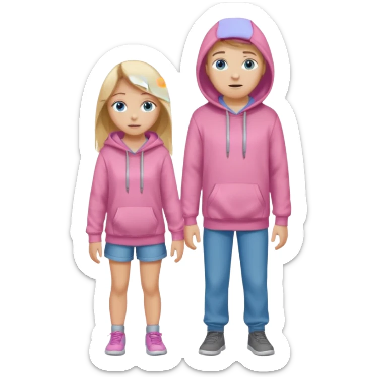 full-length couple, girl with long blonde hair and blue eyes in pink hoodie, boy with brown hair in gray hoodie sticker