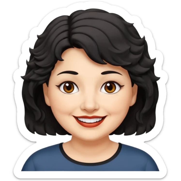 woman 60, brown eyes, very short black wavy wolf cut hair, chubby smile no lipstick sticker