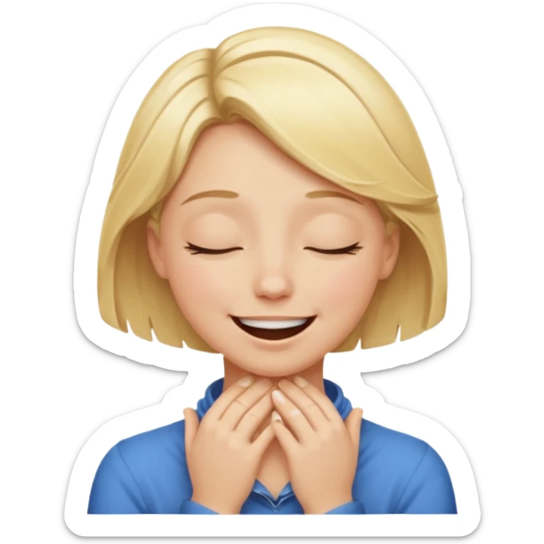 Happy blonde girl with eyes closed and mouth smiling and hands cupped around her neck - her eyes are squinty with excitment sticker