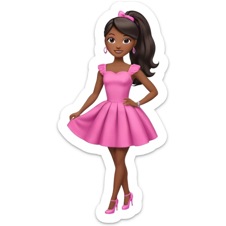 black barbie. typical barbie ponytail, pink dress, super pretty, full body, the only pink is her dress sticker